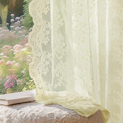 Anmao Vintage Lace Curtains 84 Inches Long 2 Panels Set, Romantic Elegant Light Filtering Semi Sheer Floral Thick Lacy Curtain Drapes for Living Room and Bedroom, Each Panel 55W x 84L, Cream Yellow
