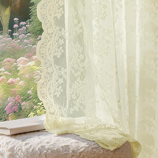 Anmao Vintage Lace Curtains 45 Inches Long 2 Panels Set, Romantic Elegant Light Filtering Semi Sheer Floral Thick Lacy Curtain Drapes for Living Room and Bedroom, Each Panel 55W x 45L, Cream Yellow