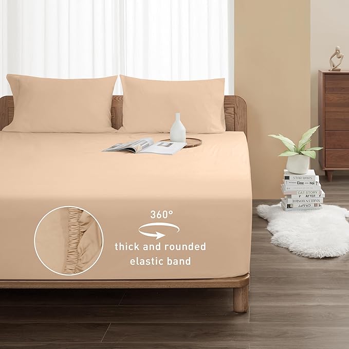 Sunflower Queen Fitted Sheet, 1-Piece Extra Deep Pocket Fitted Bottom Sheet 22", 100% Cotton Sateen Soft Breathable, Light Khaki