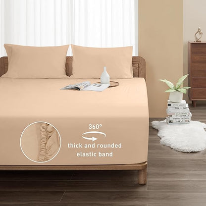 Sunflower Queen Fitted Sheet, 1-Piece Extra Deep Pocket Fitted Bottom Sheet 22", 100% Cotton Sateen Soft Breathable, Light Khaki