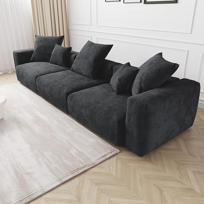 JACH 142"" Luxurious Sectional Couch Sofa with 5 Pillows, Deep Seat Modular Sectional Couch, Cushion Covers Removable, Huge Plus Sofas Couches for Living Room, Office, Apartment, Black, 3-Seater