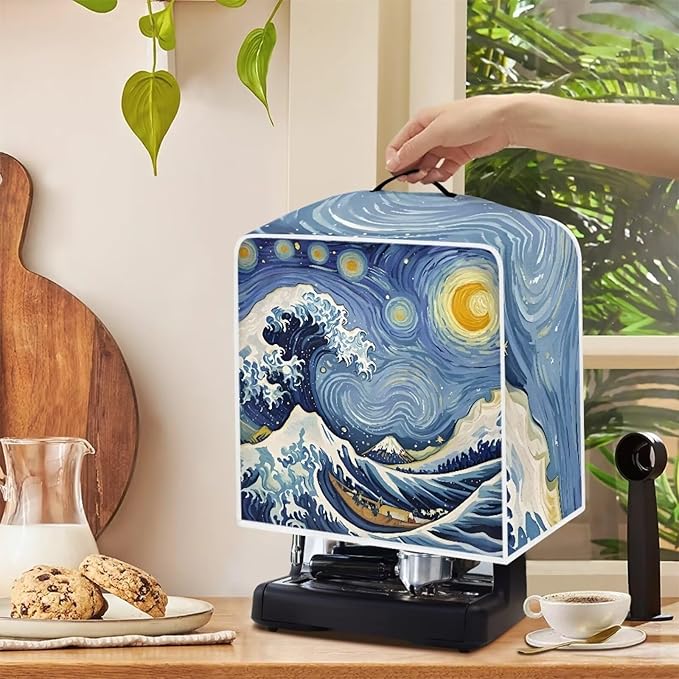 Starry Night Great Wave Print Coffee Maker Covers With Top Handle Folding Coffee Machine Dust Covers For Blender Mixer Juice Machine Keep Office Home Kitchen Clean