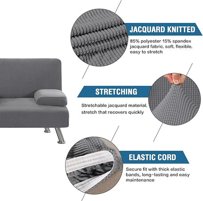 H.VERSAILTEX 4 Pieces Stretch Futon Covers Sofa Bed Slipcover with Removable Armrests and Cupholders Covers Furniture Protector High Spandex Small Checks Jacquard Fabric, Grey