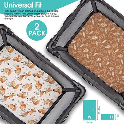 Pack n Play Sheets, BROLEX 2 Pack Mini Crib Sheets,Stretchy Portable Fitted Playard Sheet Set, Convertible Playard Mattress Cover,Ultra Soft Breathable Material,Squirrel & Foliage