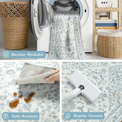 Moynesa Vintage Washable Blue 2x6 Hallway Runner Rug, Neutral Distressed Oriental Runner for Entryway Kitchen Bathroom Bedroom, Low Pile Soft Non-Slip Carpets for Nursery Laundry