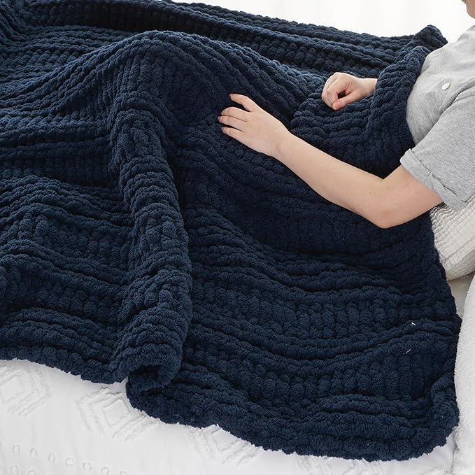 Battilo Navy Chunky Knit Throw Blanket for Couch, Navy Blue Chenille Throw Blanket Super Soft Cozy Thick Warm Cable Knitted Blanket for Bed, Sofa, Living Room, 50"x60"