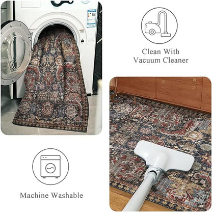 RUGSURE Washable Area Rugs - Perfect for Living Room, Bedroom, Kids Room, Nursery - Stain & Water Resistant Non-Slip, Pet & Child Friendly, Vintage Tribal Area Rugs (Rust, 3' x 5 ')