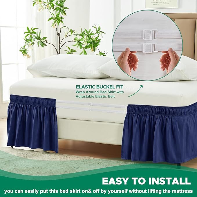 Biscaynebay Wrap Around Bed Skirts for King & Cal King Beds Short Drop of 12", Navy Adjustable Elastic Dust Ruffles Easy Fit Wrinkle Resistant Silky Luxurious Fabric Machine Washable
