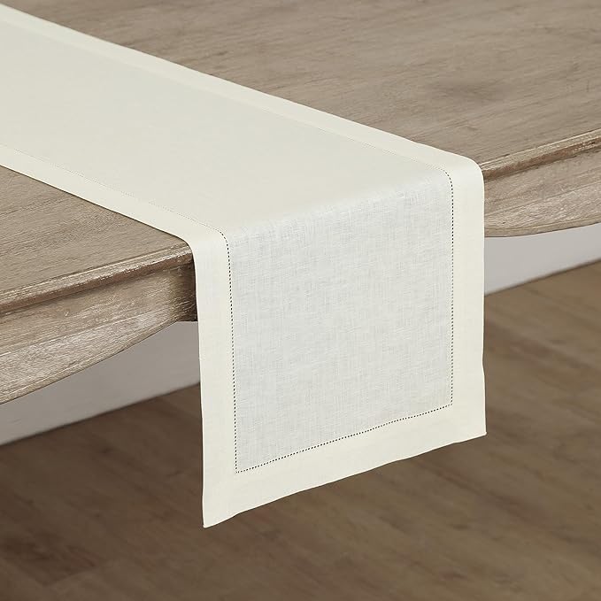 Solino Home Linen Ivory Table Runner 120 Inches Long - 100% Pure Linen 14 x 120 Inch Table Runner for Christmas, New Year - Classic Hemstitch