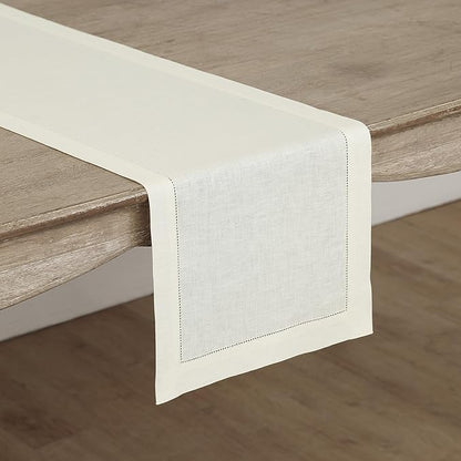 Solino Home Linen Ivory Table Runner 132 Inches Long - 100% Pure Linen Extra Long Table Runner 14 x 132 Inch for Christmas, New Year - Classic Hemstitch