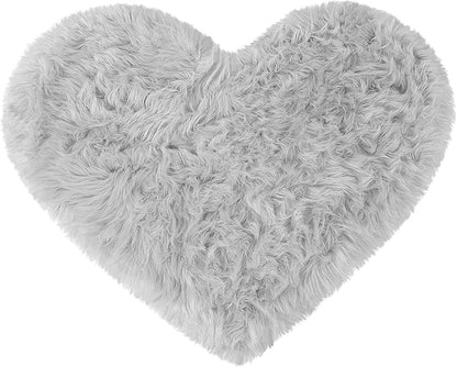 uxcell Heart Shaped Faux Fur Rug,Small Fluffy Carpet Girls,Cute Floor Mirror Mat,Throw Rugs for Bedroom Light Gray