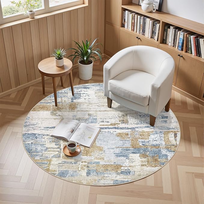 Abstract Living Room Rug 6x6 - Modern Washable Soft Thin Area Rug for Living Room Bedroom Under Dining Table - Neutral Indoor Floor Rug Carpets for Home Office Playroom Nursery - Blue Gold