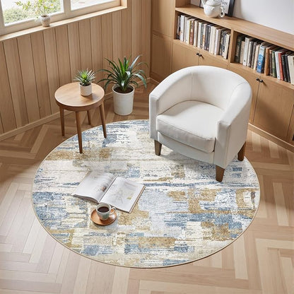 Abstract Living Room Rug 6x6 - Modern Washable Soft Thin Area Rug for Living Room Bedroom Under Dining Table - Neutral Indoor Floor Rug Carpets for Home Office Playroom Nursery - Blue Gold