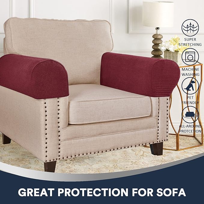 Stretch Sofa Arm Covers Spandex Jacquard Anti-Slip Couch Arm Covers with Sticker Furniture Armrest Protector for Sofa Couch Chair Recliner, 2 Pack, Burgundy Red