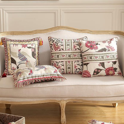 patdrea Designer Throw Pillow Covers,Vintage Red Pillowcases with Leaves and Flower Pattern Pillows Cover for Couch,Linen Decorative Square Cushion for Bed Living Room Outdoor Car,18X18 Inches