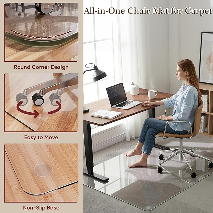 28"x42" Tempered Glass Office Chair Mat for Carpet & Hardwood Floor, 1/6" Thick Clear Floor Protector Desk Chair Mat with Rounded and Polished Edges