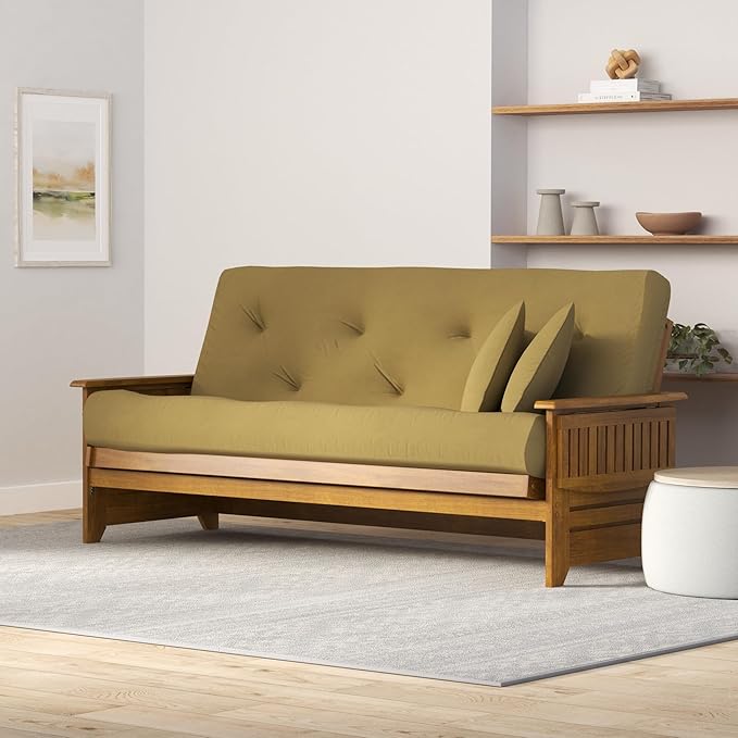Nirvana Futons Brentwood Tray Arm Futon Sofabed Set - Full Frame, 8" Thick Khaki Mattress, Rich Heritage Finish