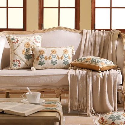 patdrea Designer Throw Pillow Covers for Couch 18"x18",Vintage French Linen Pillows Cover with Daisy Floral Pattern,Beige Luxury Farmhouse Decorative Square Cushion for Bed,Living Room,Outdoor,Car