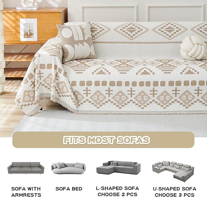 MEETSKY Boho Couch Cover Sofa Covers for Dogs，Decorative Soft Blend Washable Sofa Slipcovers Simply Put Sofa Throw Cover for Living Room, Khaki, 71" x 118"