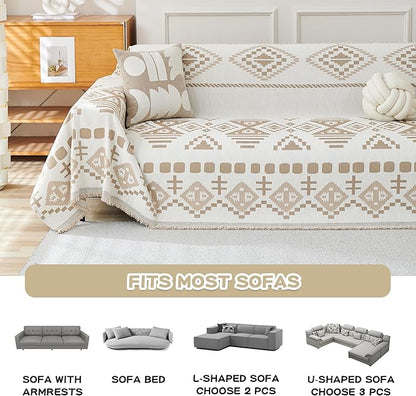 MEETSKY Boho Couch Cover Sofa Covers for Dogs，Decorative Soft Blend Washable Sofa Slipcovers Simply Put Sofa Throw Cover for Living Room, Khaki, 71" x 118"
