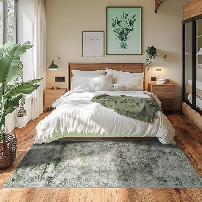 jinchan Green 4x6 Area Rugs - Machine Washable Vintage Floral Distressed Design Soft Ultra-Thin Low-Pile Non-Slip Christmas Carpet for Bedroom Living Room Dining Room Nursery (4x6ft, Forest Green)