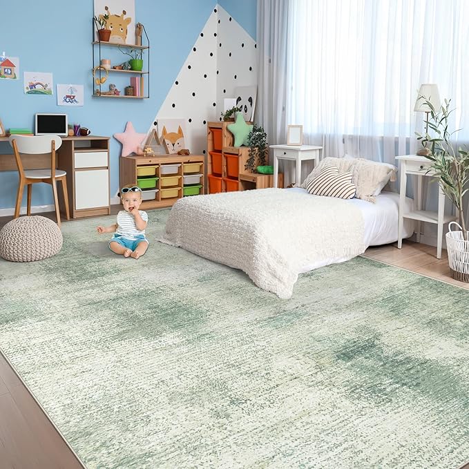 9x12 Area Rugs for Living Room: Washable Modern Abstract Rug Large Soft Non-Slip Rugs Indoor Low-Pile Carpet for Bedroom Dining Room Home Office (Green, 9'x12')