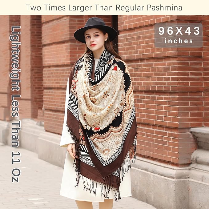 DANA XU 100% Merino Wool Pashmina Shawl for Women 96"x43", Oversized Cashmere Wrap with Tassels, Floral Travel Blanket Cape