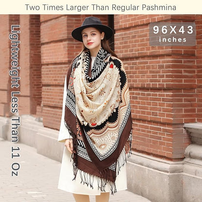DANA XU 100% Merino Wool Pashmina Shawl for Women 96"x43", Oversized Cashmere Wrap with Tassels, Floral Travel Blanket Cape
