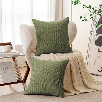 a moment Olive Green Chenille Throw Pillow Covers 20x20 Inch Pack of 2 Modern Decorative Throw Pillow Covers Farmhouse Cross Covers Home Decor for Sofa Bedroom Living Room