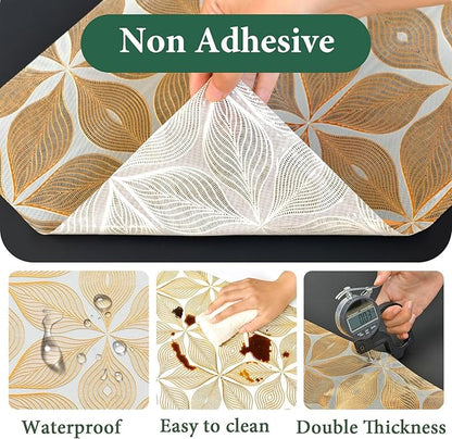 3D Drawer and Shelf Liner for Kitchen Cabinet: 12 in X 30 Ft Waterproof Shelf Paper Non Adhesive Refrigerator Liners Golden Leaf Easy Liners for Bathroom with Knife Tape Measure