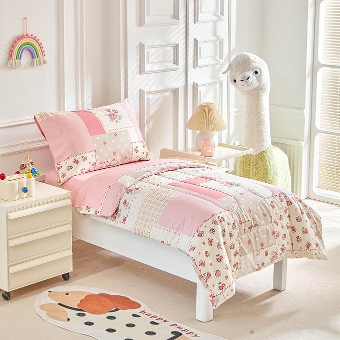Joyreap 4 Piece Cotton Toddler Bedding Set- Pink Flower Plaids Patchwork Design, Toddler Comforter Set for Girls, Includes Quilted Comforter, Fitted Sheet, Top Sheet, and Pillow Case
