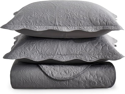 IR Imperial Rooms Twin Quilt Bedding Set Size (68” x 86”) + 1 Pillow Shams (20” x 26” + 2”) - 2 Pcs All Season Lightweight Reversible Microfiber Coverlet Floral Embossed Quilt Bedspread (Grey)