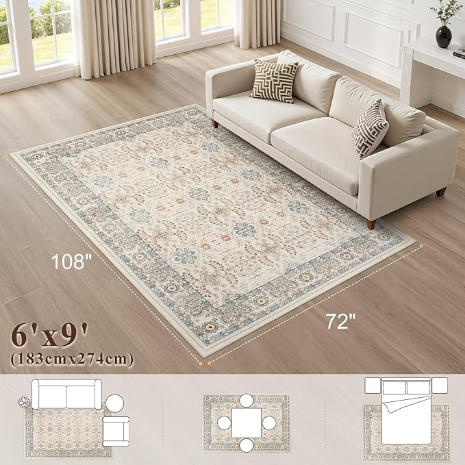 Vintage Living Room Area Rug 6x9 - Large Soft Washable Oriental Traditional Distressed Farmhouse Rugs for Bedroom - Indoor Floor Accent Carpet for Home Office House Decor - Multi