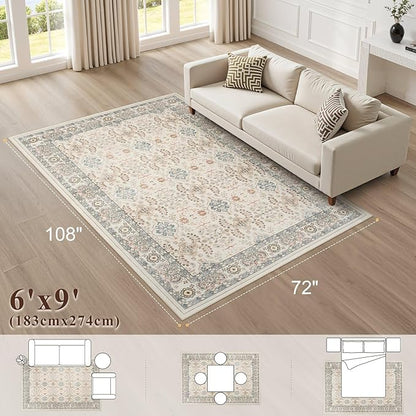Vintage Living Room Area Rug 6x9 - Large Soft Washable Oriental Traditional Distressed Farmhouse Rugs for Bedroom - Indoor Floor Accent Carpet for Home Office House Decor - Multi