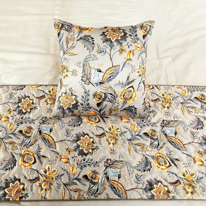 The HomeCentric King/Queen/Twin Grey & Yellow Decorative Queen 74"x18" Bed Runner with Pillow Cover, Peacock, Quilted & Tassels Bed Scarf on Satin Fabric - Peacock Swag