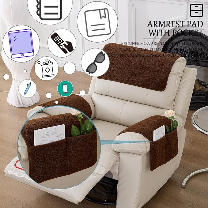 Armrest Cover, Recliner Chair Protector, Furniture Protector Slip, Side Storage Pocket, Stretch Armchair Couch Arm Rest Cover for Recliner, Chair, Sofa (Coffee,3 Seater(5pcs))