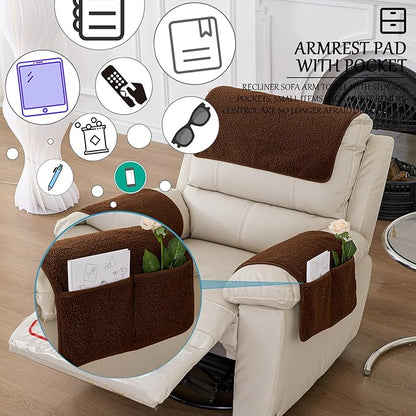 Armrest Cover, Recliner Chair Protector, Furniture Protector Slip, Side Storage Pocket, Stretch Armchair Couch Arm Rest Cover for Recliner, Chair, Sofa (Coffee,1 Seater(3pcs))