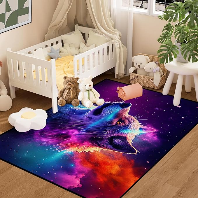 Galaxy Wolf Rug 3D Fierce Wolves Area Rugs for Kids Bedroom Living Room Playroom Gameroom Boys 59 in x 39 in