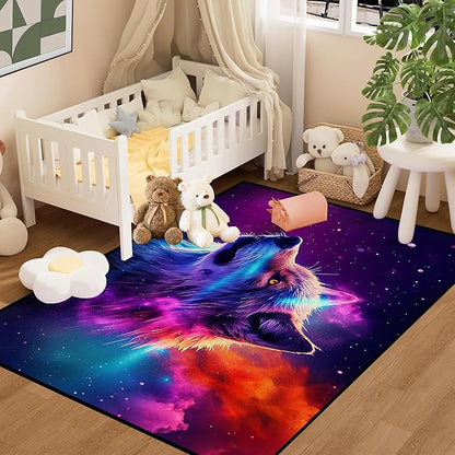Galaxy Wolf Rug 3D Fierce Wolves Area Rugs for Kids Bedroom Living Room Playroom Gameroom Boys 59 in x 39 in