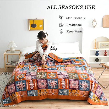Cotton Throw Boho Blanket for Couch Bed,Cotton Quilted Boho 80''x90'' Muslin Blankets Travel Mexican Super Soft Blanket