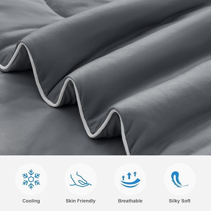 EASELAND Cooling Comforter Queen, Cold Touch Fabric Absorbs Body Heat, Double-Sided Cool Design Soft Fluffy Cooling Blanket for Night Sweats Hot Sleeper(Dark Gray, Queen(90"x90"))