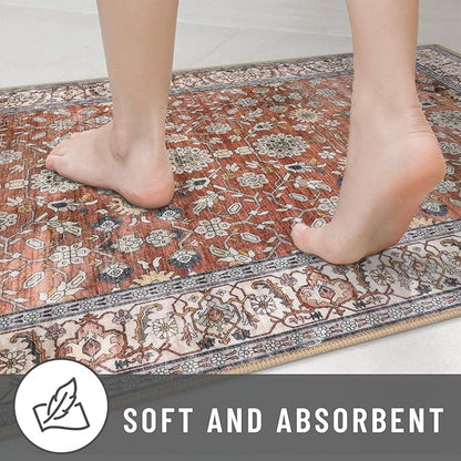 KUTA Vintage 8x10 Area Rugs for Living Room, Terracotta Washable Large Rug for Bedroom 8ft x 10ft Non-Slip, Ultra Thin Soft Printed Traditional Floral Distressed Dining Room Low-Pile Carpet