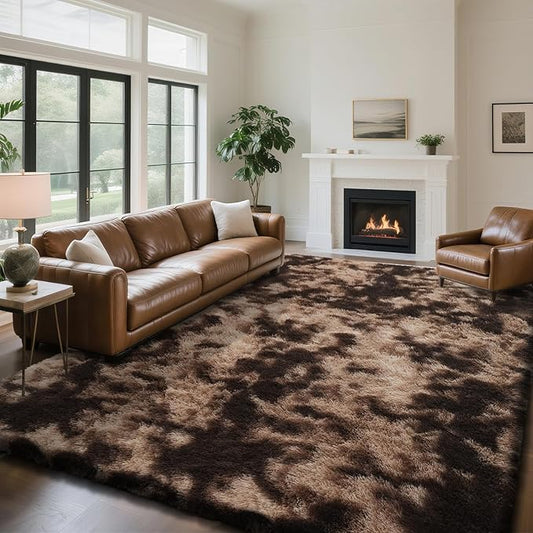 Fluffy Rug Shaggy Area Rug, Mottling Brown 9x12 Area Rugs for Living Room, Large Shag Area Rugs for Bedroom Kids Room Home Decor, Upgrade Anti-Skid Rectangular Fuzzy Rugs