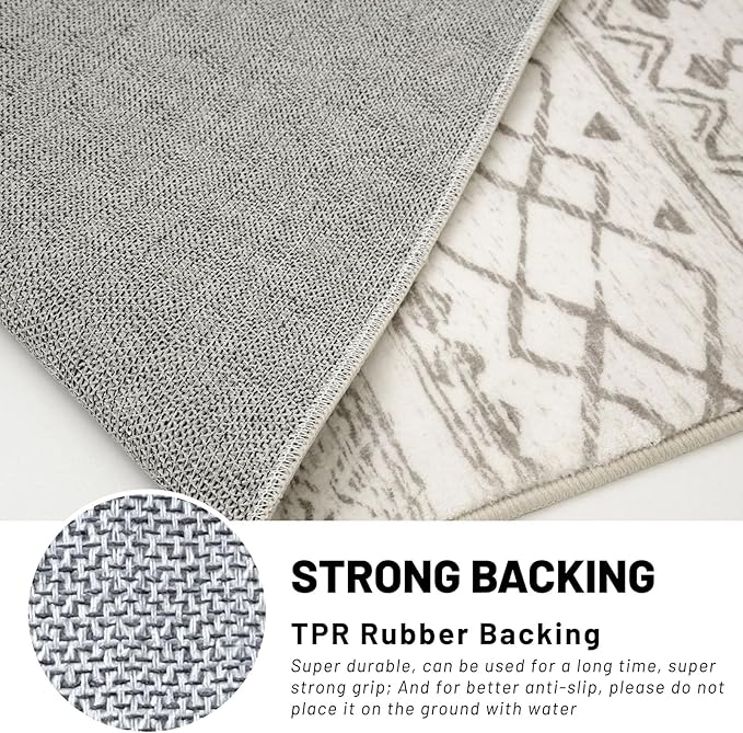 KUTA Round Washable Rug 5Ft Beige Boho Area Rugs for Living Room, Moroccan Foyer Throw Mat Non Slip, Soft Distressed Geometric Entry Circle Low-Pile Carpet for Bedroom Nursery Dorm Decor