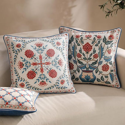 patdrea Designer Throw Pillow Covers,Square Brilliant Vintage Red Tropical Linen with Floral Pattern Pillow Cover,Decorative Pillowcases Cushion for Bed Living Room Outdoor Car,18"x18"