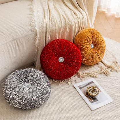 Round Throw Pillow, 13.7in Soft Solid Color Sequin Glitter Decorative Round Pillow Circle Floor Pillows Cushions for Sofa Bed Chair Living Room Floor Car Home Decoration, Red