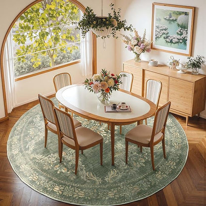 jinchan Round Rug 7ft Area Rugs, Vintage Floral Distressed Design Machine Washable Soft Non-Slip Low-Pile Ultra-Thin Christmas Circle Rug for Living Room Dining Room Home Office (7' Round, Dark Green)