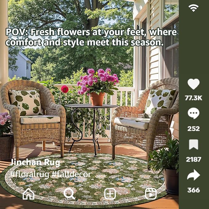 jinchan Elora 4ft Floral Round Rug for Entryway Washable Rug Vintage Romance Christmas Design Non Slip Indoor Doormat Lightweight Low-Profile Throw Carpet for Living Room Dining Room Bedroom, Green