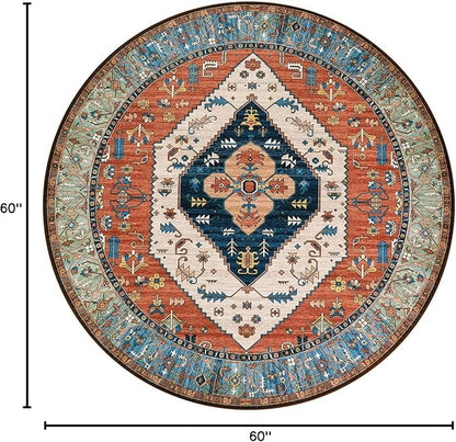 Lahome Boho Washable 5Ft Round Area Rug, Non-Slip Throw Untra-Thin Round Carpet, Oriental Vintage Distressed Circle Rug for Dining Living Room Bedroom Kitchen Office, 5x5/Rust