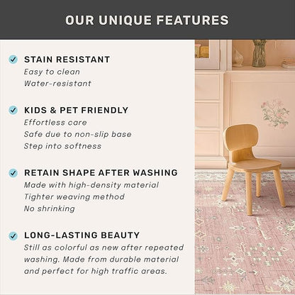Pink Washable 6x9 Rug for Bedroom - Nursery Floral Girls Room Rug Machine Washable Non Slip Kids Playroom Mat, Cute Girly Thin Low Pile Stain Resistant Living Room Decor